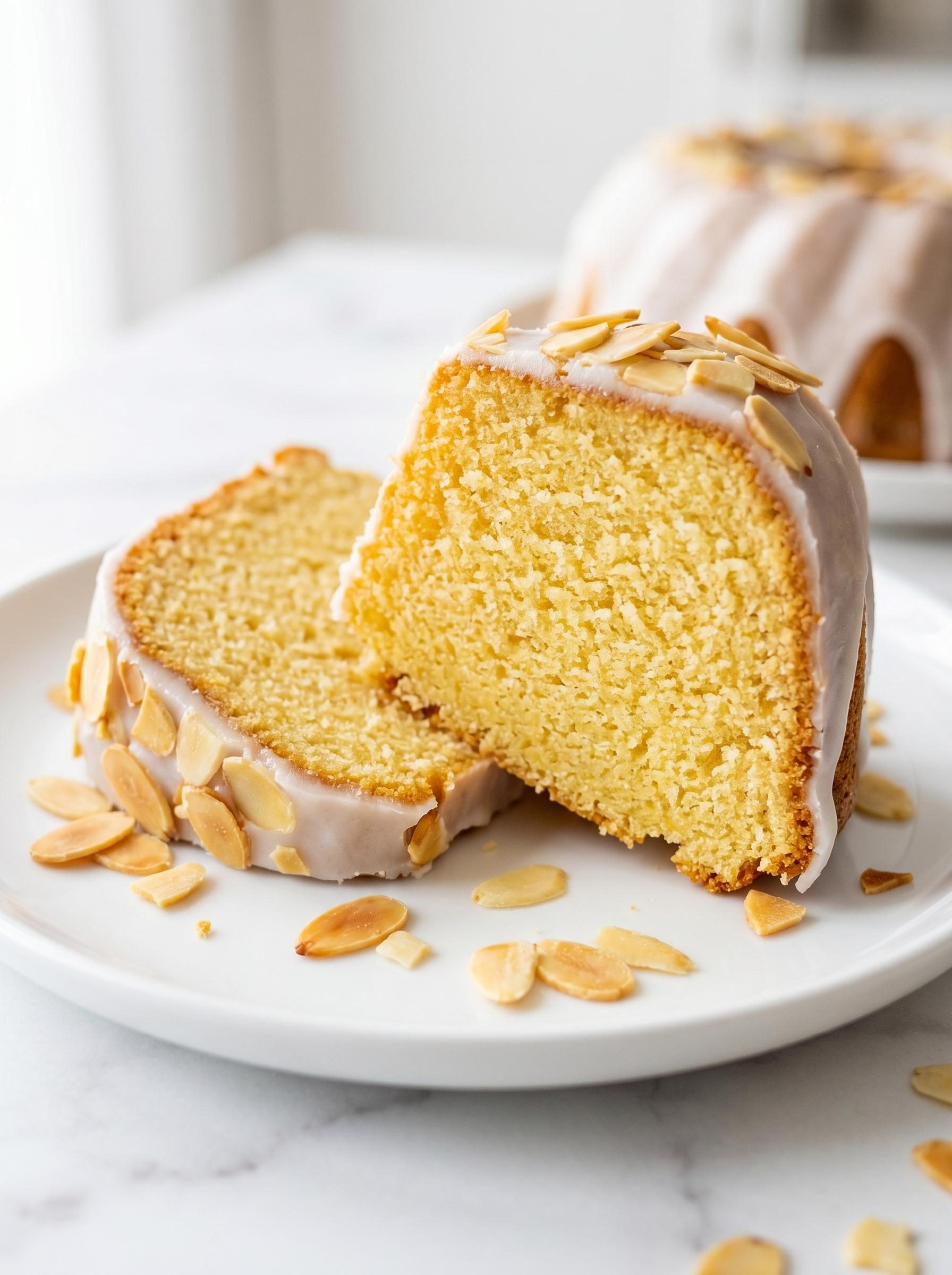 Babka migdałowa z Amaretto - polana lukrem i posypana prażonymi płatkami, na drugi dzień smakuje jeszcze lepiej niż prosto z pieca