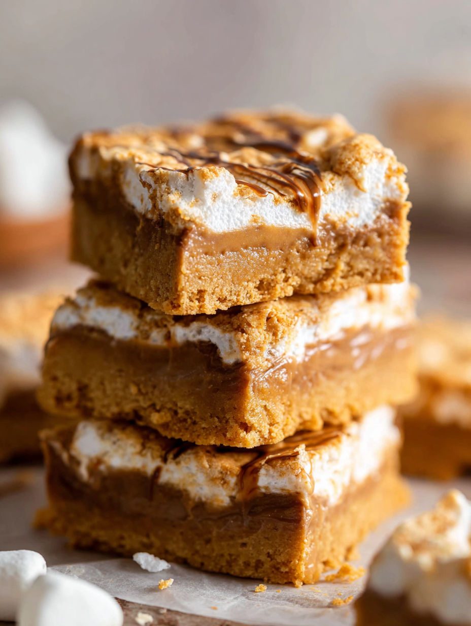 Batony z masłem orzechowym i pianką marshmallow - kruchy spód, ciągnąca pianka i okruszki na wierzchu, wszystko z jednej blaszki