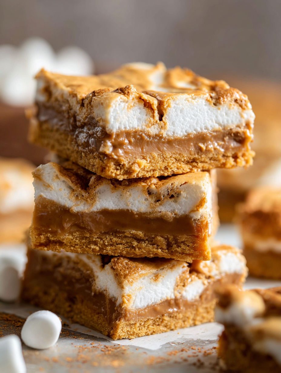 Batony z masłem orzechowym i pianką marshmallow - kruchy spód, ciągnąca pianka i okruszki na wierzchu, wszystko z jednej blaszki