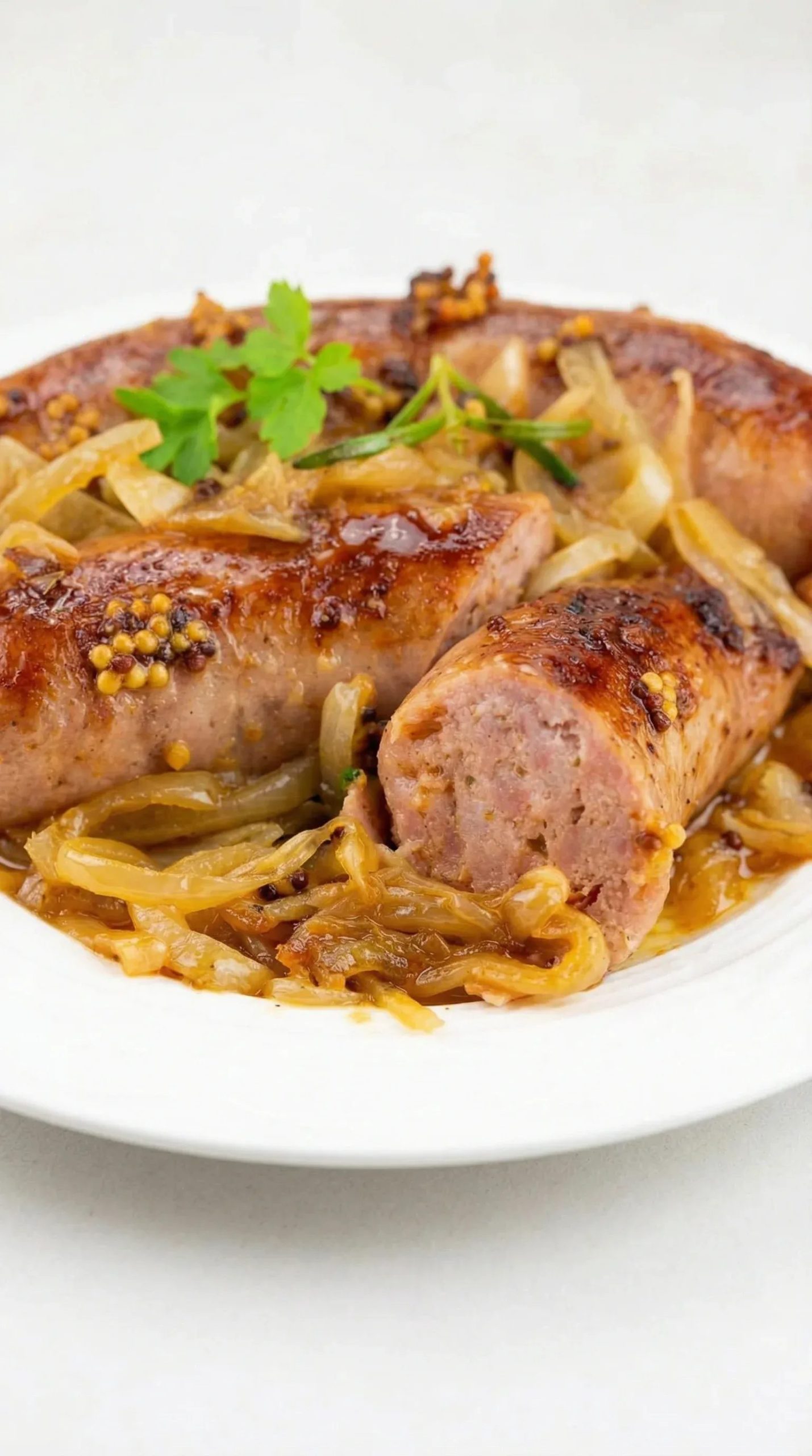 Biała kiełbasa pieczona na cebuli - cebula smaży się 20 minut i to ona robi tu cały smak, kiełbasa tylko się do niej dosiada