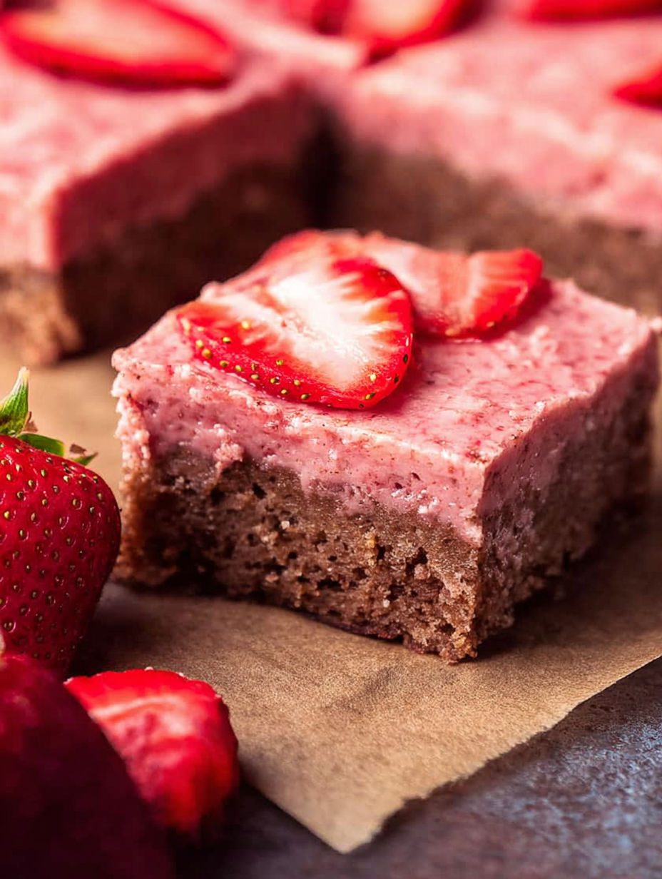 Brownie z białą czekoladą i liofilizowanymi truskawkami - wilgotne w środku, różowa polewa na wierzchu, znika z blachy jednego wieczoru