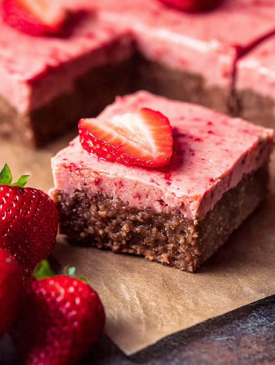 Brownie z białą czekoladą i liofilizowanymi truskawkami - wilgotne w środku, różowa polewa na wierzchu, znika z blachy jednego wieczoru