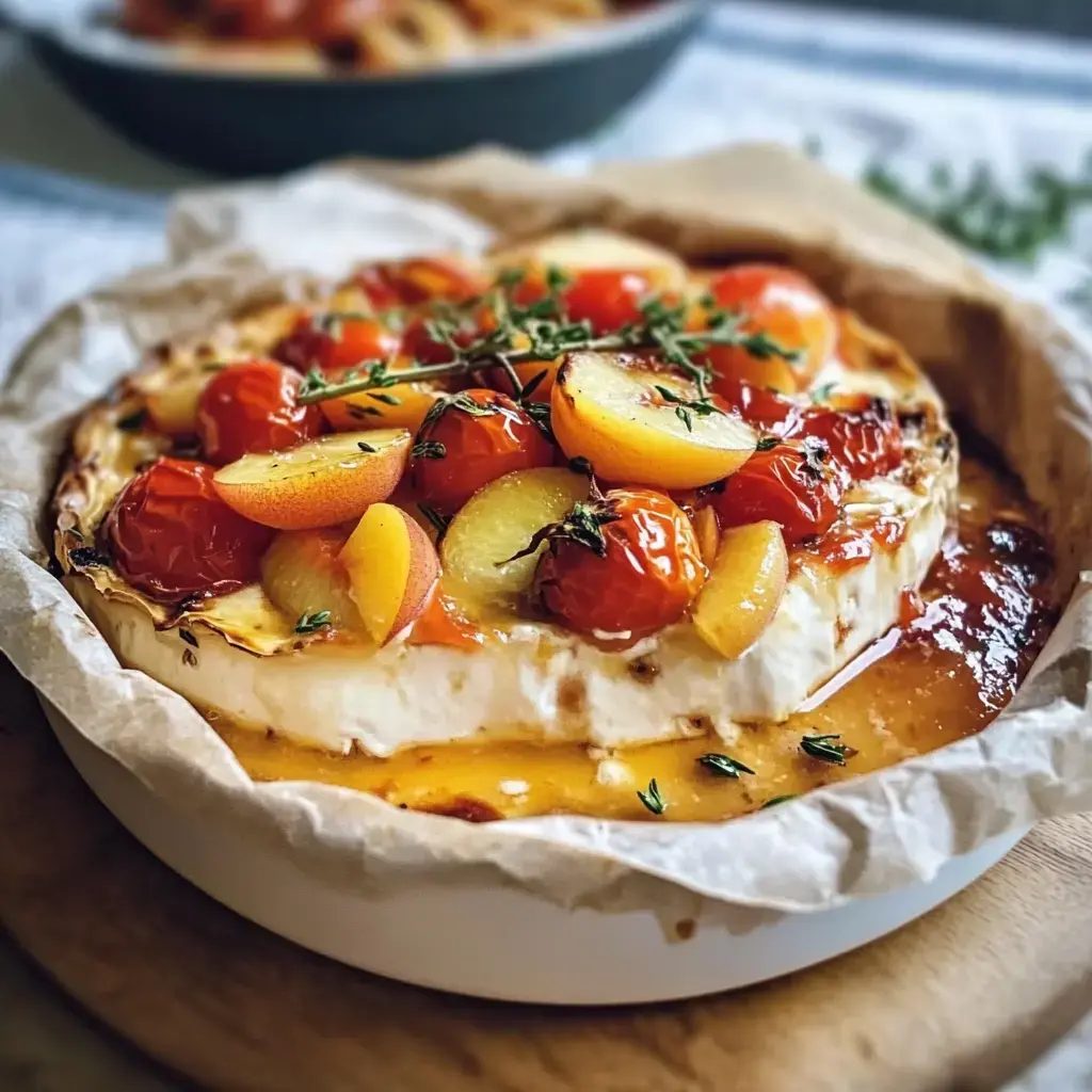 Camembert z pieca z brzoskwiniami i kolorowymi pomidorami - 30 minut i wszyscy maczają pieczywo prosto z naczynia