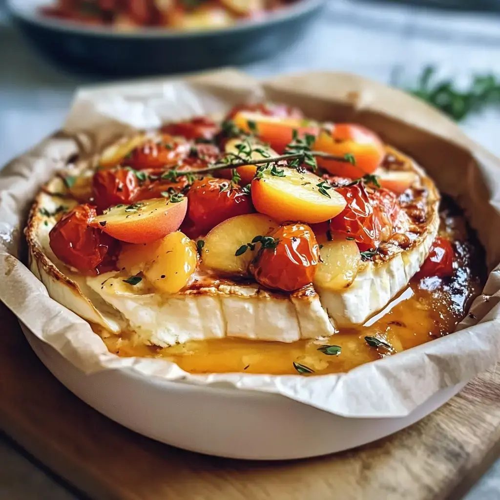 Camembert z pieca z brzoskwiniami i kolorowymi pomidorami - 30 minut i wszyscy maczają pieczywo prosto z naczynia