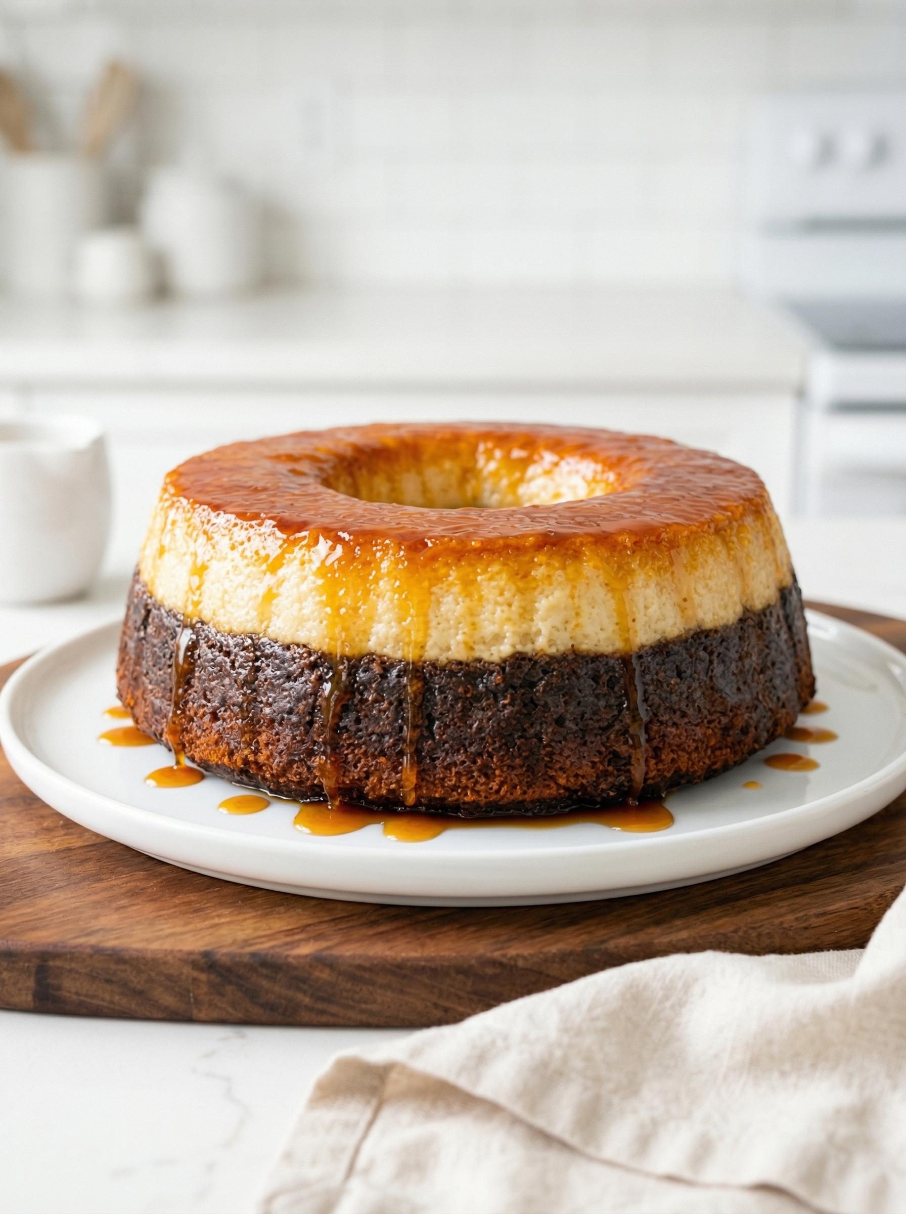 Chocoflan - czekoladowe ciasto i flan pieczone razem w jednej formie, a przy krojeniu same układają się w dwie równe warstwy