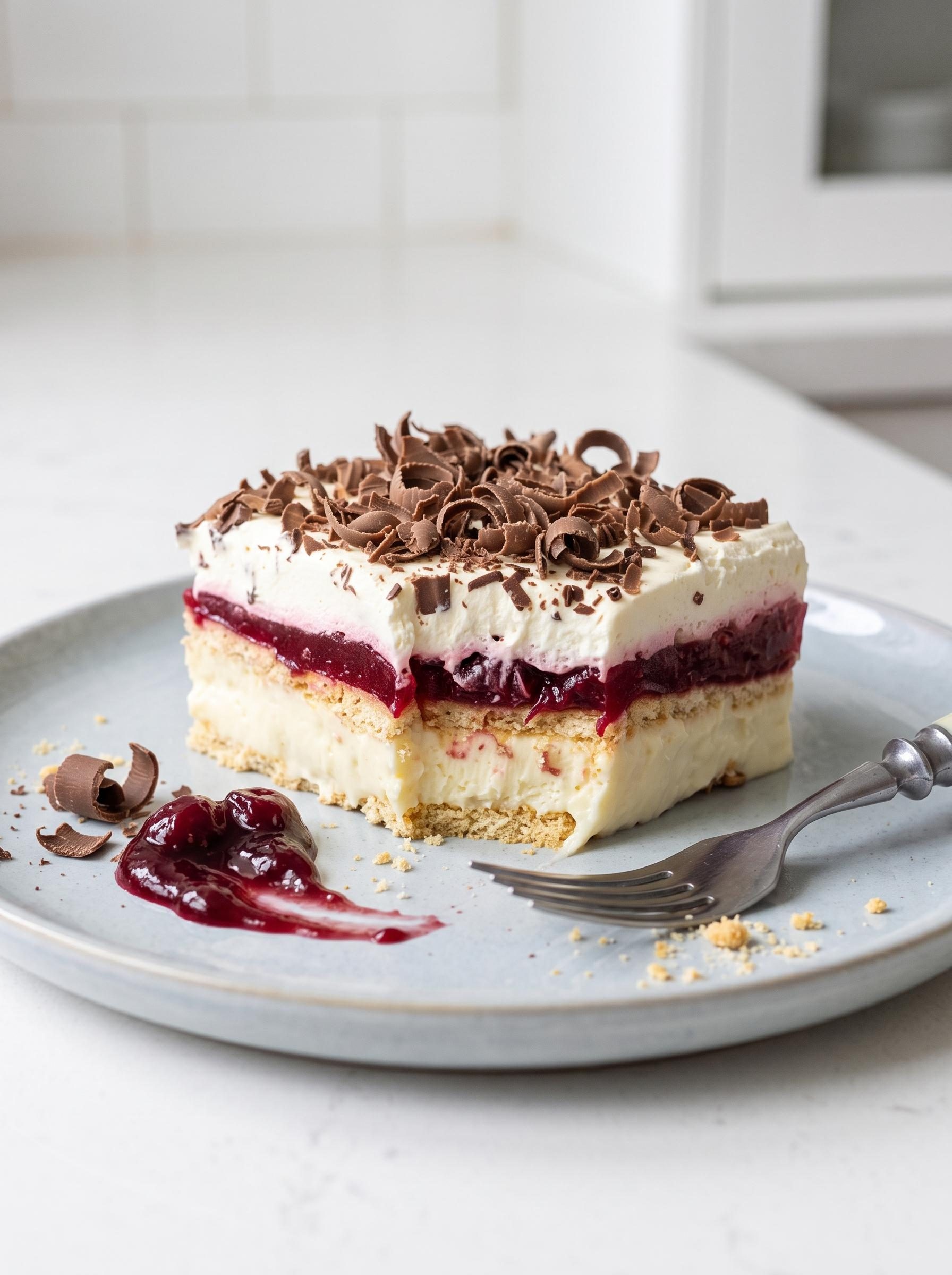 Ciasto 3 bit malinowy bez pieczenia - herbatniki, budyń z mascarpone i kwaśne maliny w galaretce, gotowe po nocy w lodówce