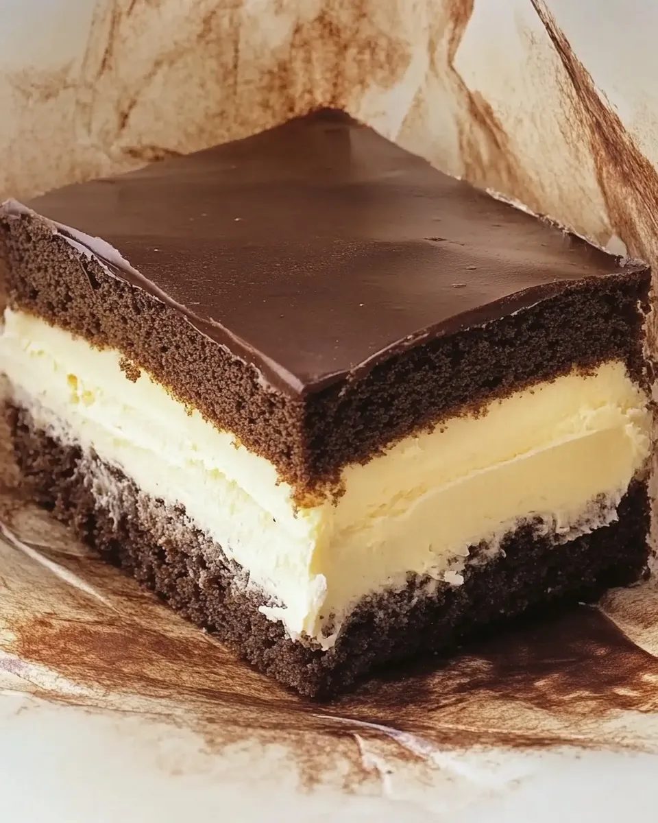Ciasto Milky Way - dwa kakaowe blaty, budyniowy krem i lustrzana polewa, które po nocy w lodówce kroi się jak z cukierni