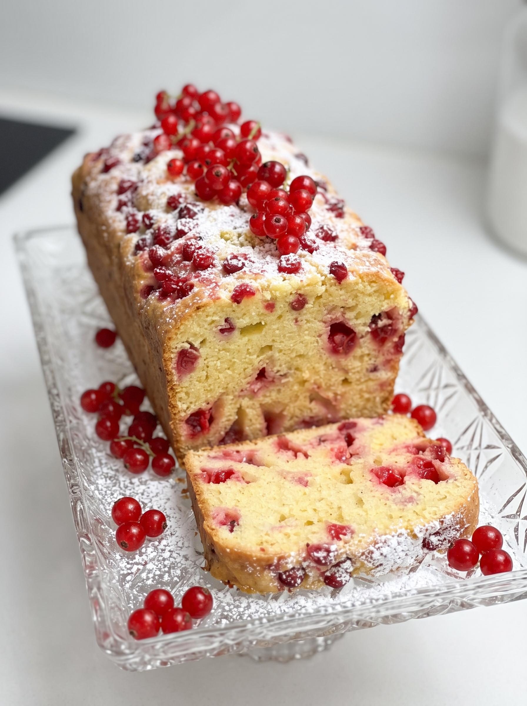 Ciasto z czerwoną porzeczką pieczone w keksówce - wilgotne od serka, kwaskowate od owoców i gotowe w niecałą godzinę pieczenia