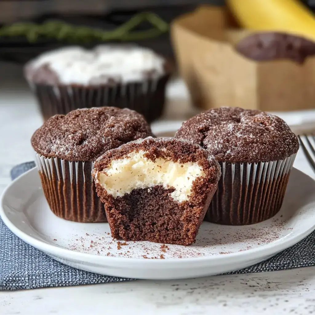 Czekoladowe muffinki z bananem w środku i kremem stracciatella - drążę w nich dziurkę i dlatego znikają pierwsze z całego stołu