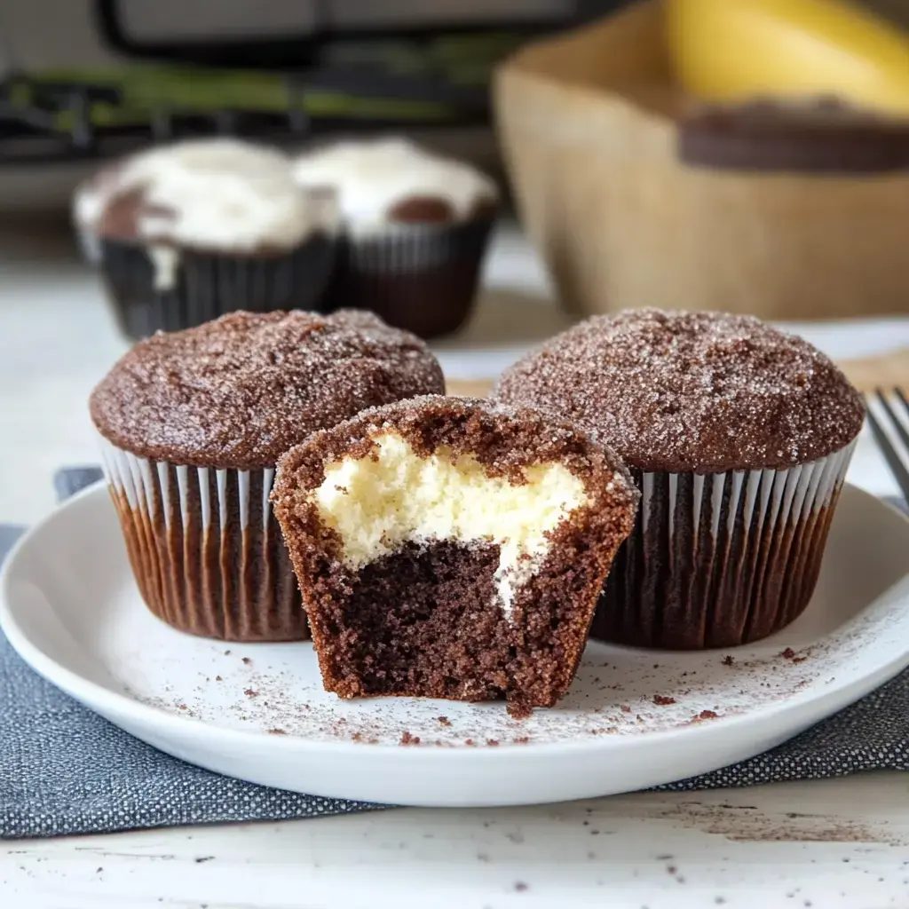 Czekoladowe muffinki z bananem w środku i kremem stracciatella - drążę w nich dziurkę i dlatego znikają pierwsze z całego stołu