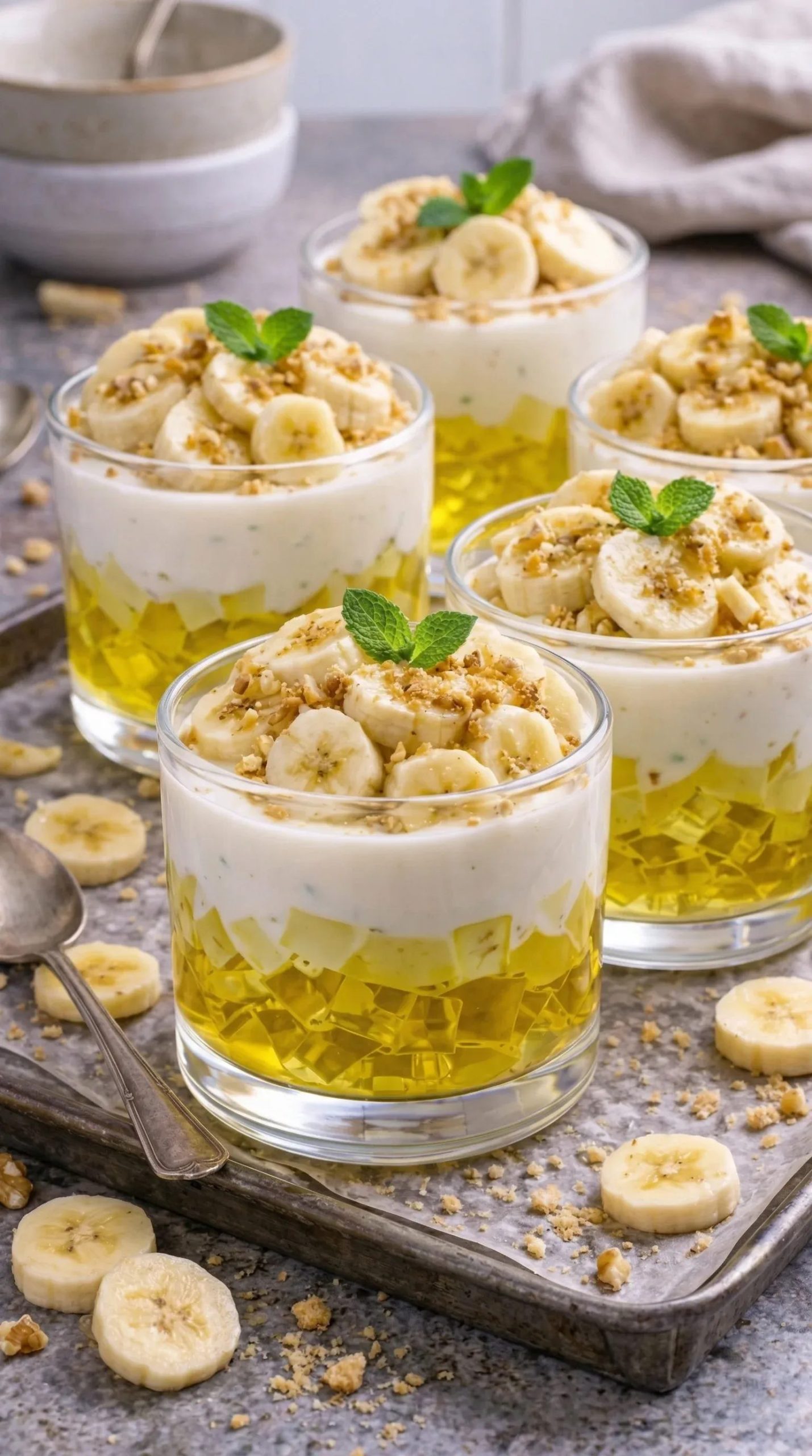 Deser bananowy z galaretką w szklankach - bez pieczenia, robię go wieczorem i rano mam gotowy podwieczorek