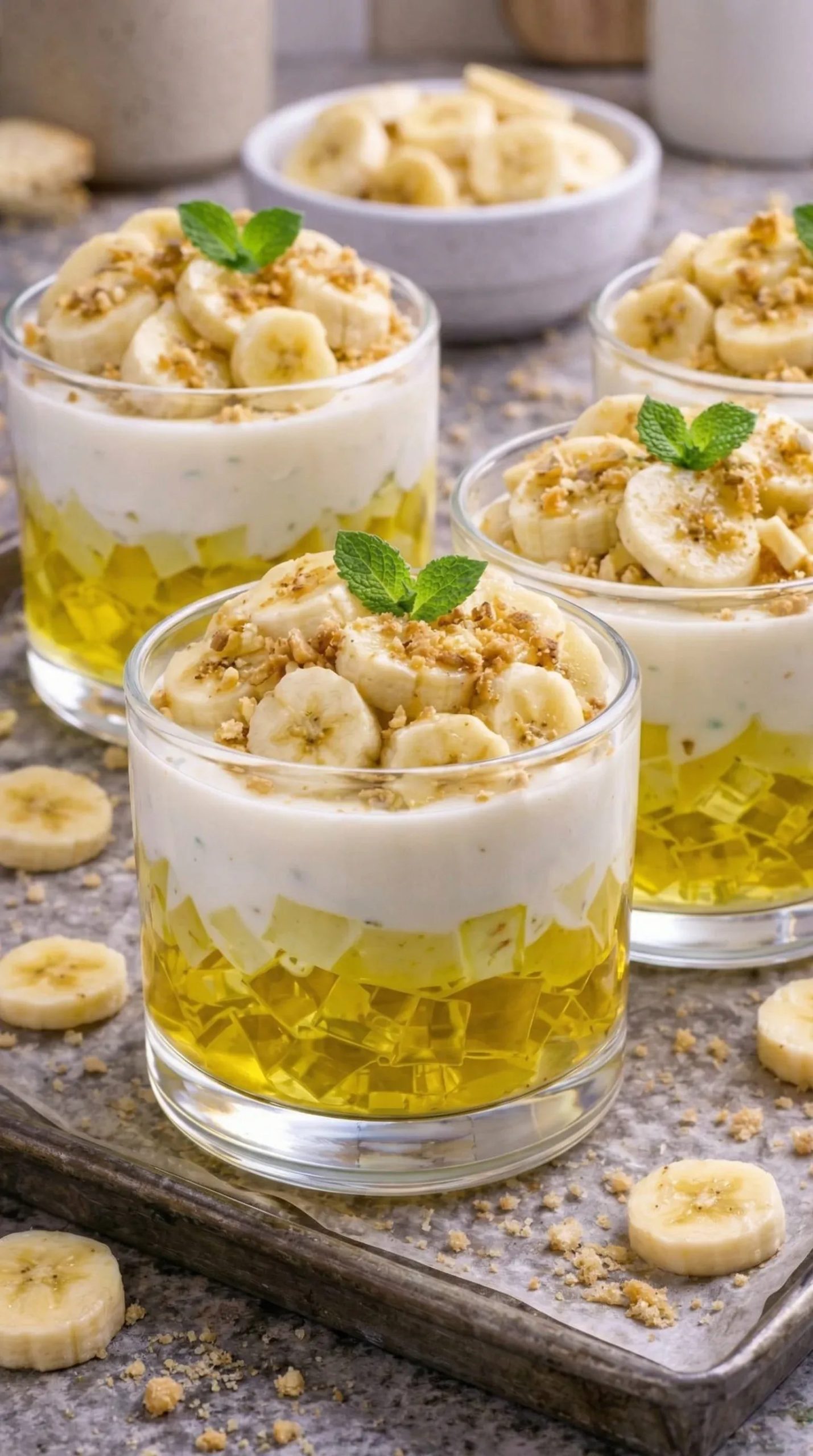 Deser bananowy z galaretką w szklankach - bez pieczenia, robię go wieczorem i rano mam gotowy podwieczorek