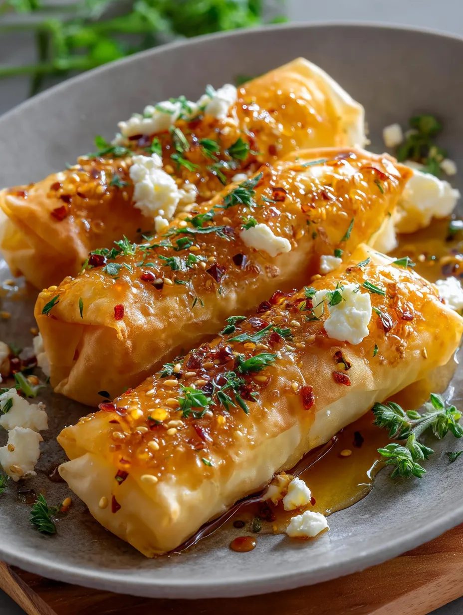 Feta w cieście filo z miodem chili - chrupiące ruloniki, po które goście sięgają, zanim zdążę powiedzieć, co to jest