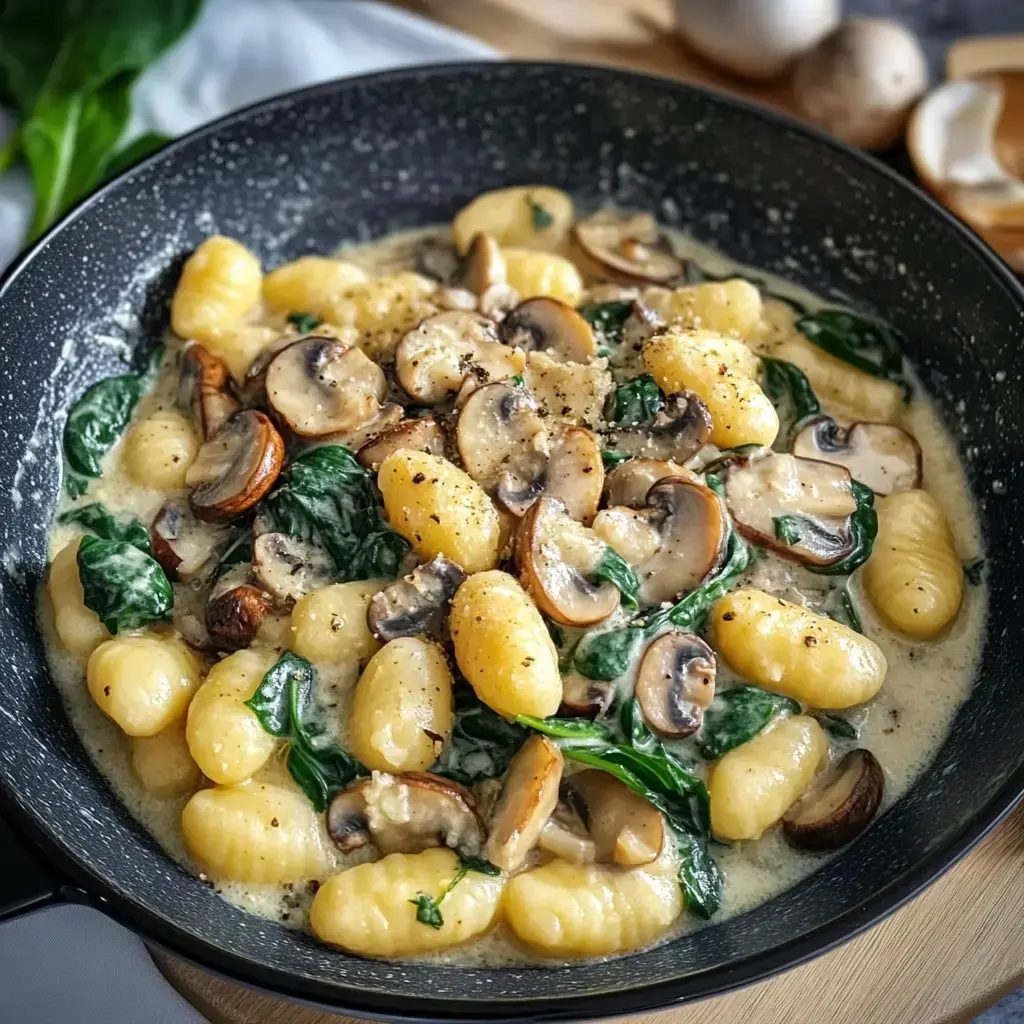 Gnocchi z pieczarkami w kremowym sosie ze szpinakiem - jedna patelnia, 35 minut i patelnia wraca do kuchni wytarta chlebem