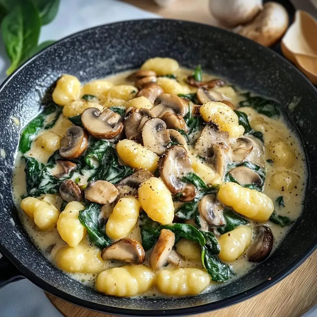 Gnocchi z pieczarkami w kremowym sosie ze szpinakiem - jedna patelnia, 35 minut i patelnia wraca do kuchni wytarta chlebem