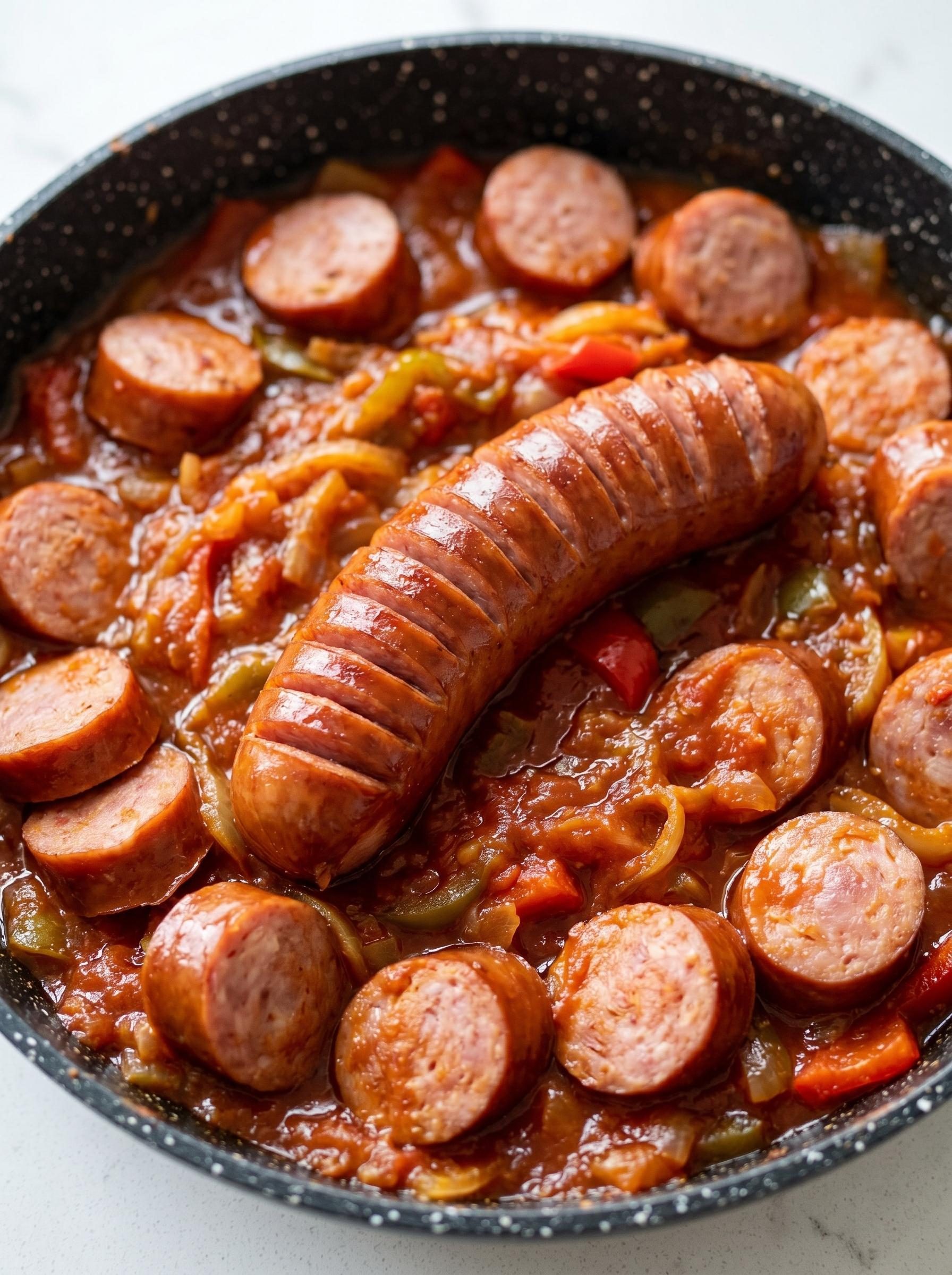 Kiełbasa po cygańsku z papryką i ogórkami - jedna patelnia, 45 minut i obiad, po którym garnek wraca pusty
