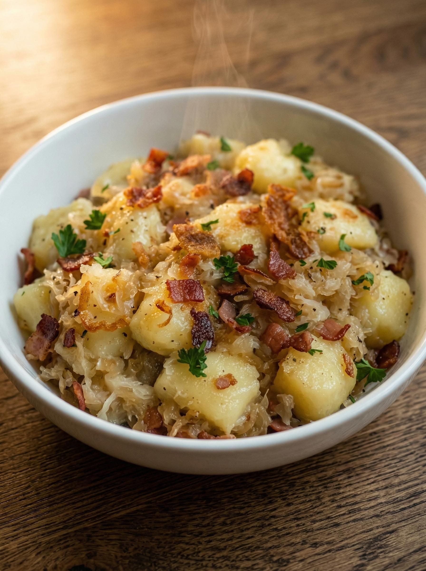 Kluski ziemniaczane z kapustą kiszoną i boczkiem - jeden garnek, godzina roboty i talerze wracają puste