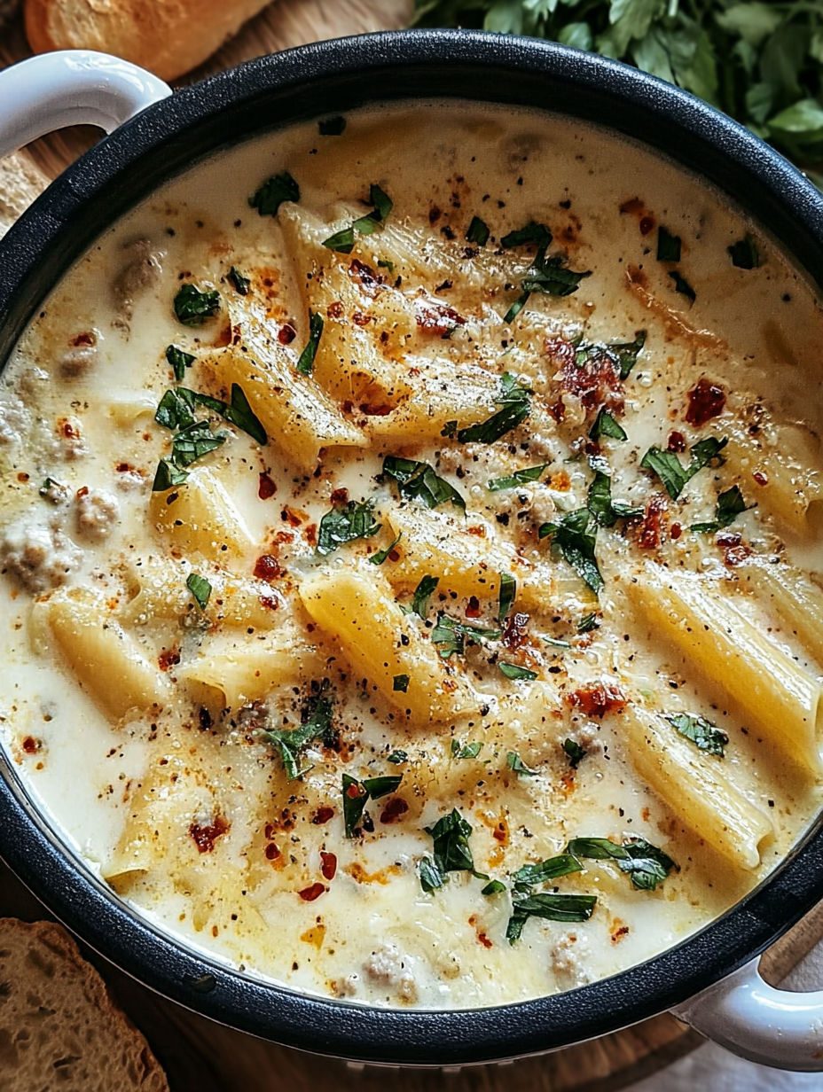 Kremowa biała lasagna w misce - zupa z kiełbasą, ricottą i połamanym makaronem, gotowa w 35 minut w jednym garnku