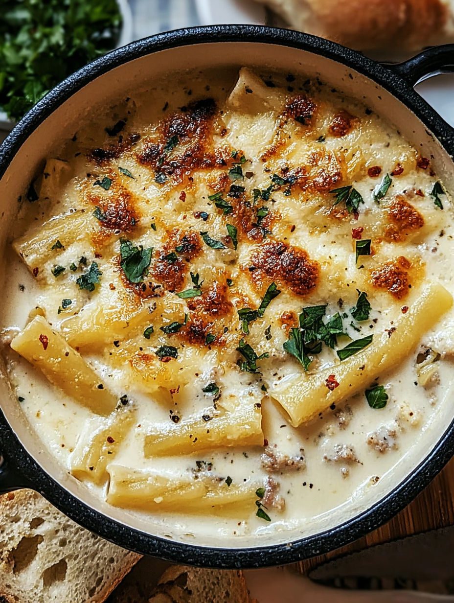 Kremowa biała lasagna w misce - zupa z kiełbasą, ricottą i połamanym makaronem, gotowa w 35 minut w jednym garnku