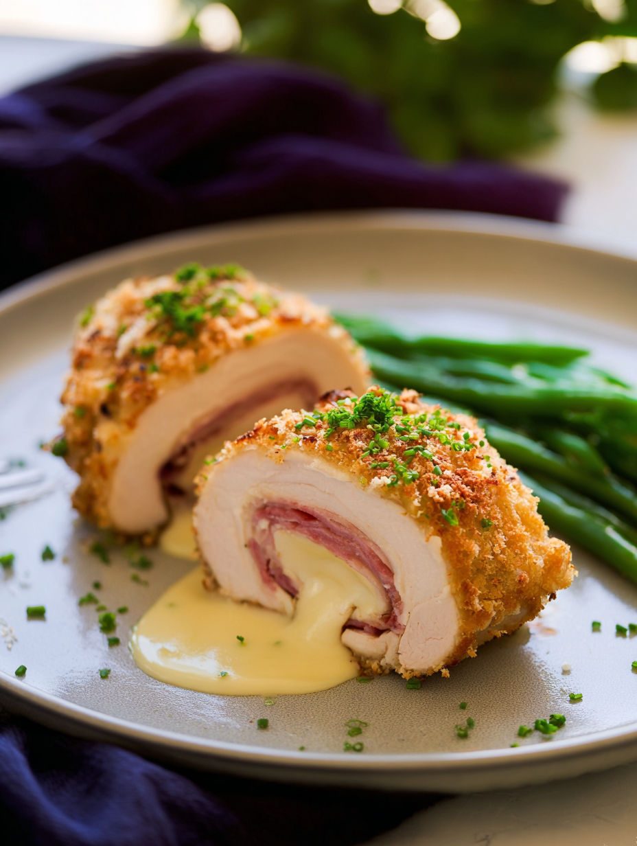 Kurczak cordon bleu z szynką i serem szwajcarskim - pieczony w panko zamiast smażonego, a ser i tak wypływa dopiero na talerzu