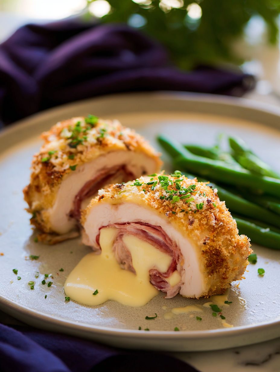 Kurczak cordon bleu z szynką i serem szwajcarskim - pieczony w panko zamiast smażonego, a ser i tak wypływa dopiero na talerzu