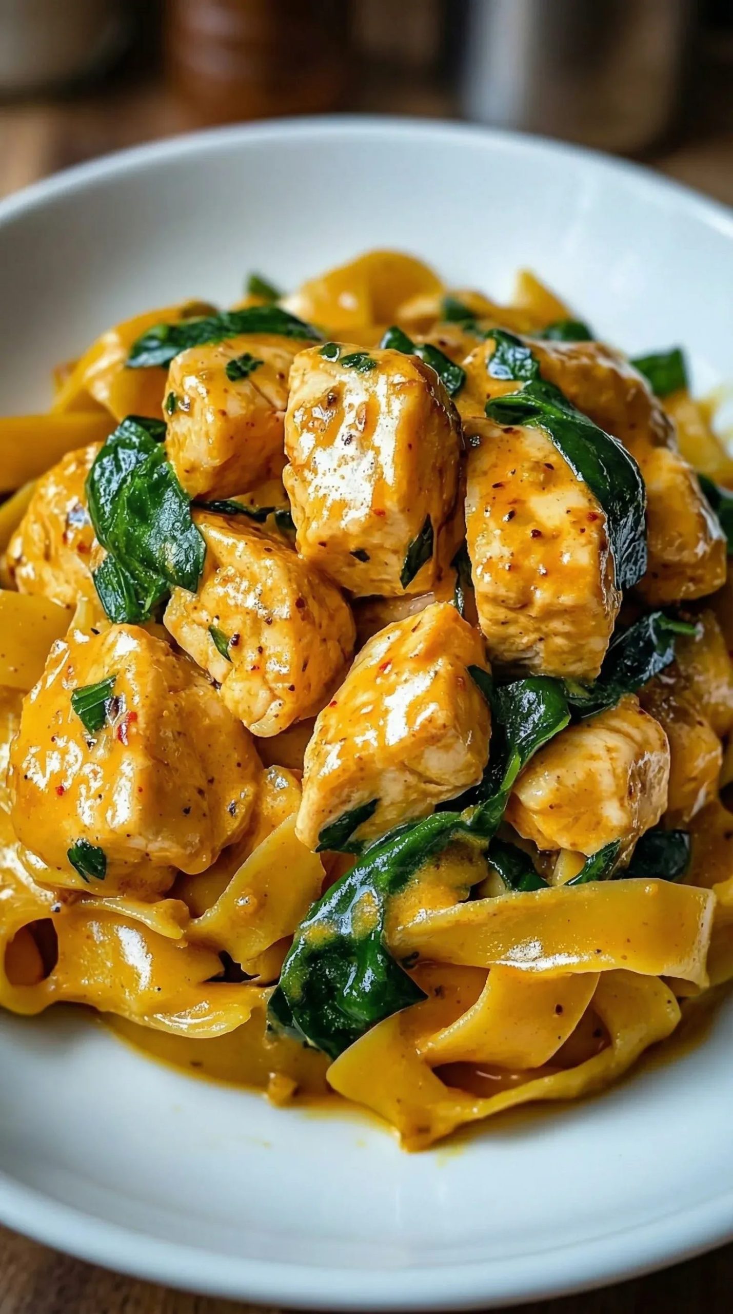 Makaron z kurczakiem i szpinakiem w sosie curry - jedna patelnia, trzydzieści minut i talerze wracają puste