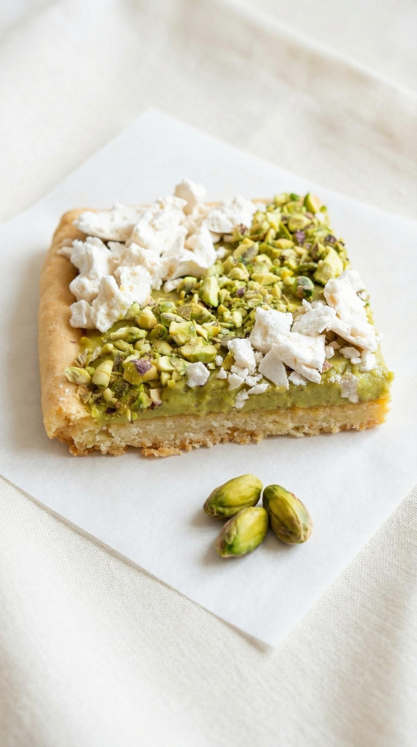 Mazurek pistacjowy na kruchym spodzie - krem z limonką pod pokruszonymi bezami, znika z blachy szybciej niż zdążę go pokroić