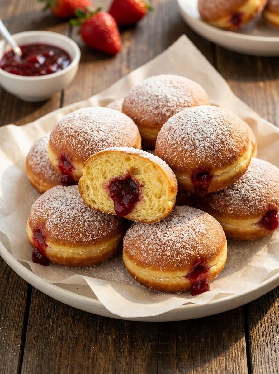 Pączki drożdżowe z konfiturą malinową - smażone w garnku po babcinemu, z jasną obwódką i cukrem, który chrupie