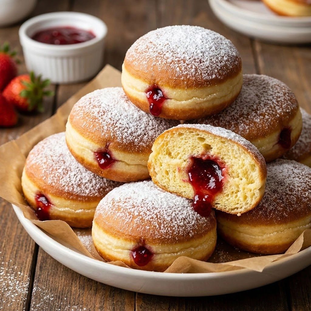 Pączki drożdżowe z konfiturą malinową - smażone w garnku po babcinemu, z jasną obwódką i cukrem, który chrupie