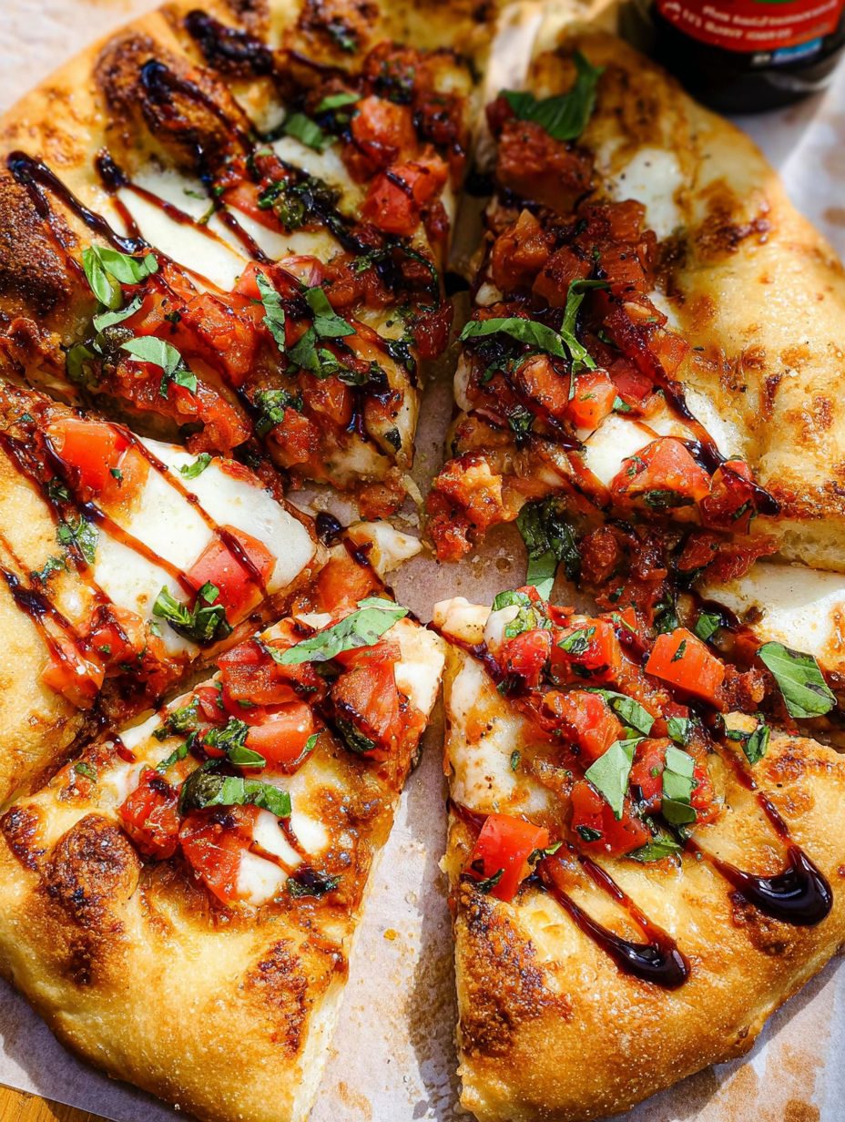 Pizza z bruschettą i mozzarellą - pomidory kładę dopiero po pieczeniu, dlatego spód zostaje chrupiący do ostatniego kawałka