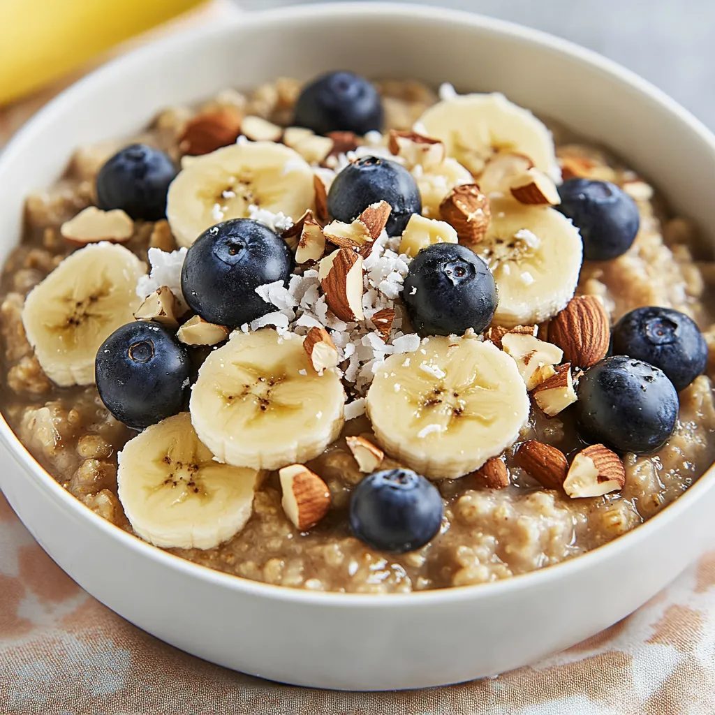 Porridge z kaszy gryczanej z bananem i borówkami - kaszę namaczam wieczorem, rano śniadanie robi się samo w dziesięć minut