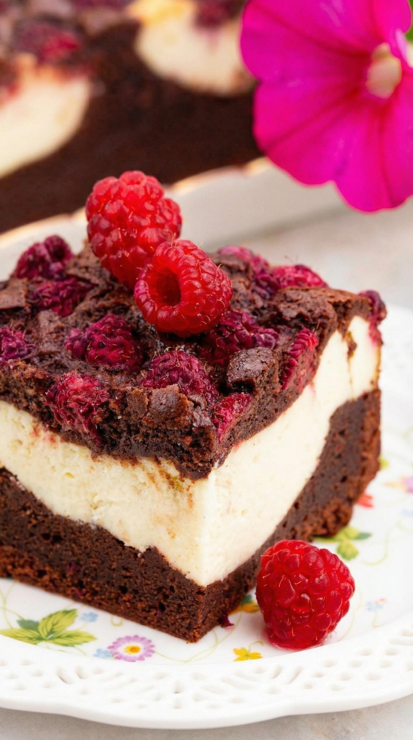 Sernikobrownie z malinami - czekoladowe brownie i kremowy sernik w jednej blasze, a maliny robią całą robotę