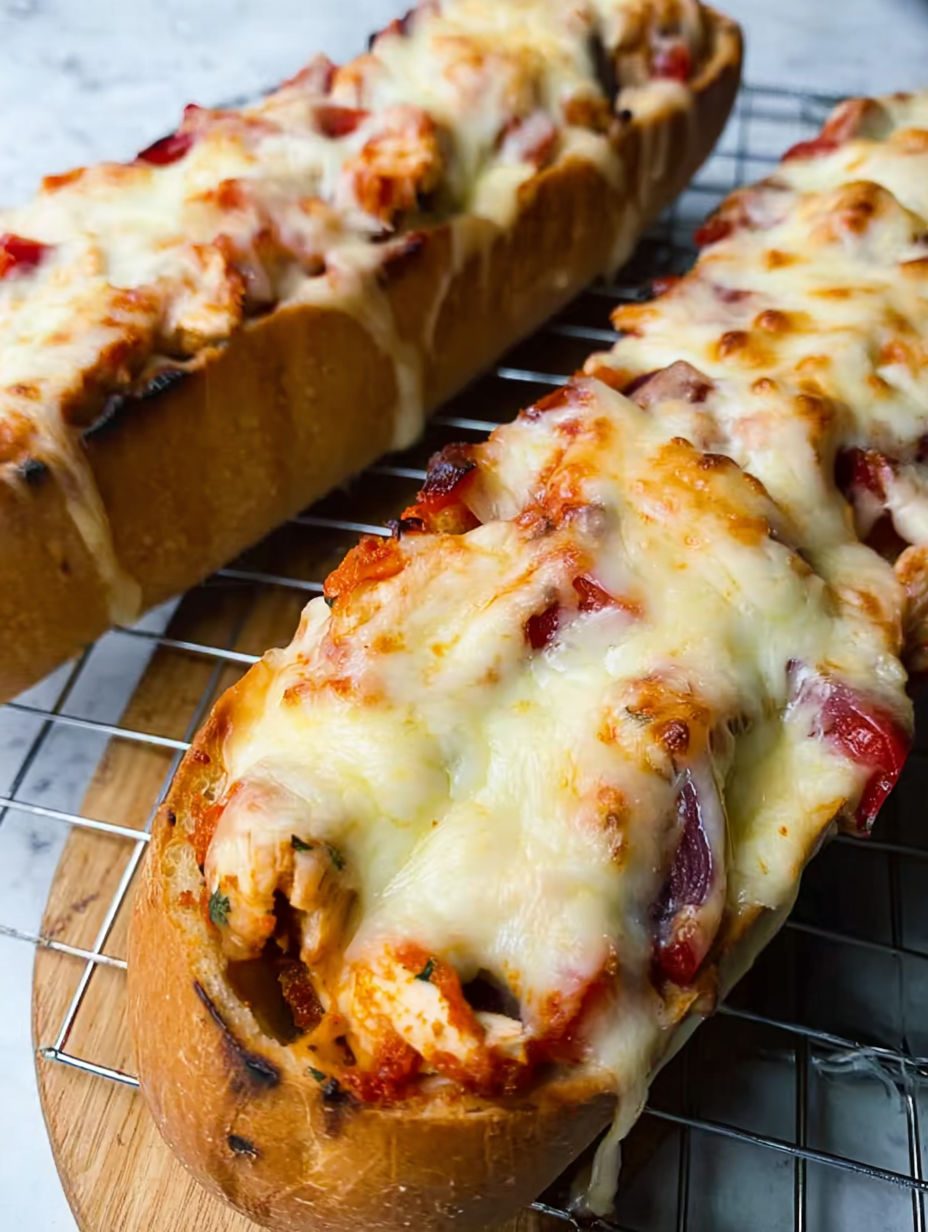 Serowy chleb z kurczakiem - bagietki czosnkowe z papryką i czerwonym pesto, u mnie znikają jeszcze z blachy