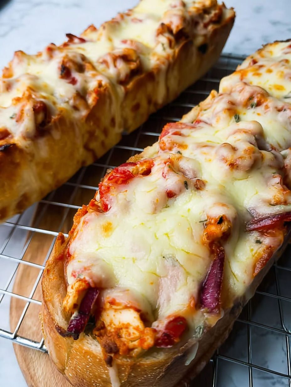 Serowy chleb z kurczakiem - bagietki czosnkowe z papryką i czerwonym pesto, u mnie znikają jeszcze z blachy