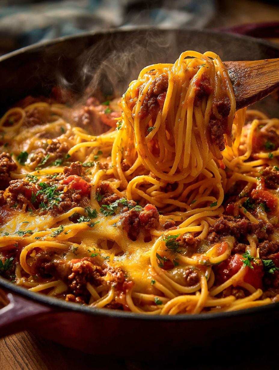 Spaghetti z wołowiną i sosem BBQ - dymne, z chrupiącym boczkiem i cheddarem, gotowe w trzy kwadranse