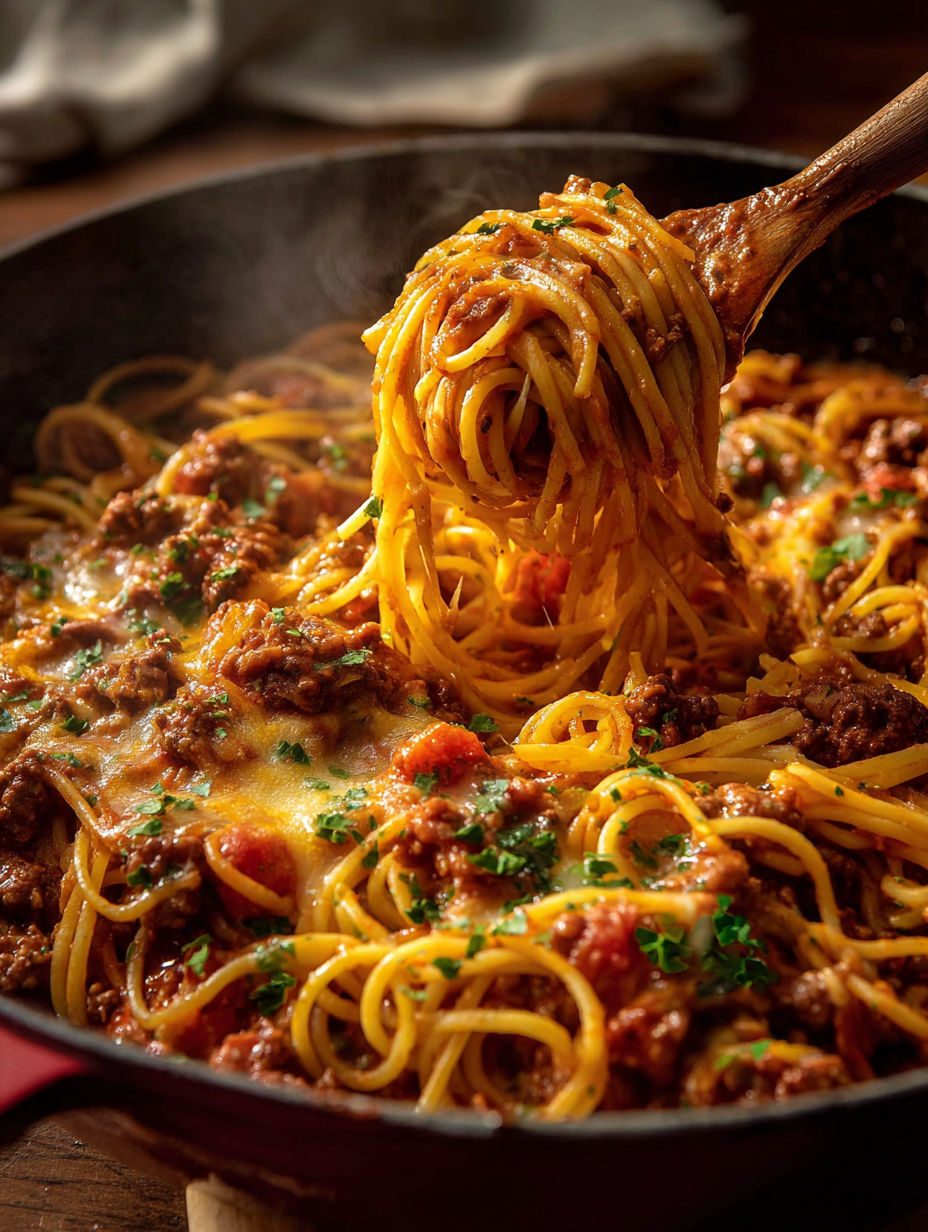 Spaghetti z wołowiną i sosem BBQ - dymne, z chrupiącym boczkiem i cheddarem, gotowe w trzy kwadranse