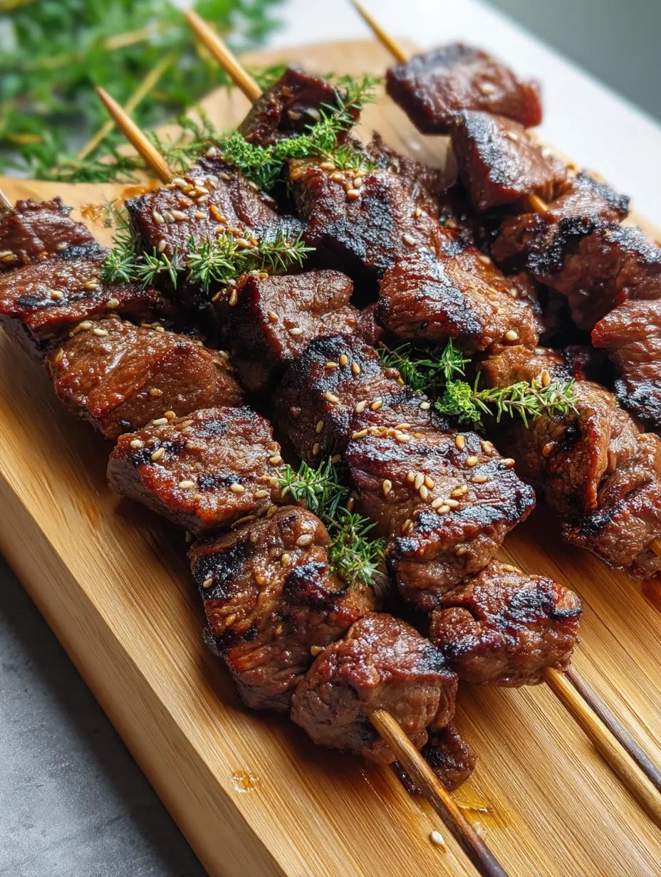 Szaszłyki wołowe teriyaki - mięso marynuję w sezamie i sosie sojowym, a z grilla znikają szybciej, niż zdążę je poukładać na półmisku