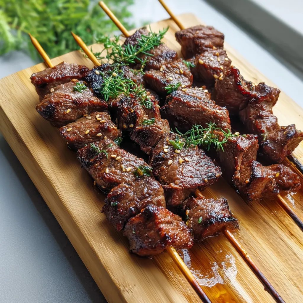 Szaszłyki wołowe teriyaki - mięso marynuję w sezamie i sosie sojowym, a z grilla znikają szybciej, niż zdążę je poukładać na półmisku