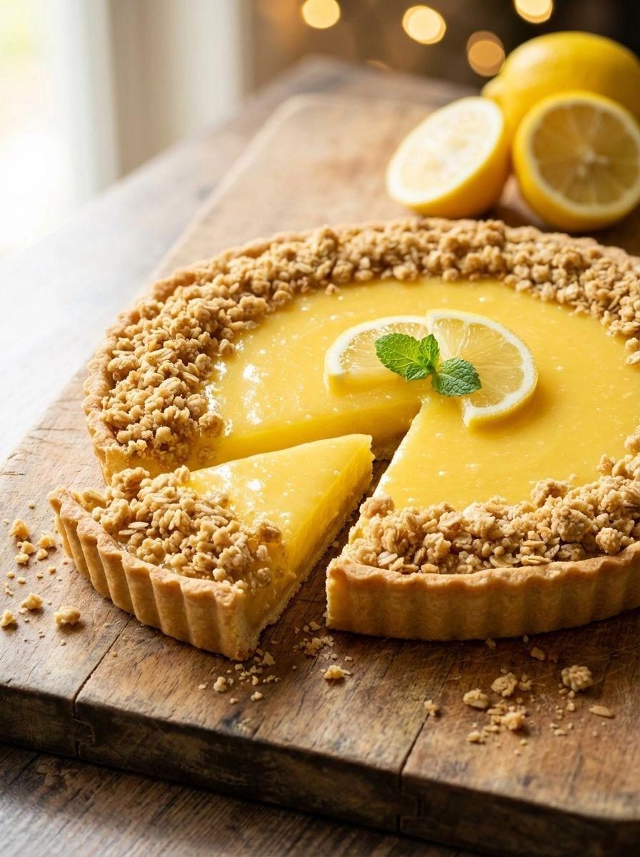 Tarta cytrynowa z kruszonką owsianą - kruchy spód, kwaśne nadzienie i wierzch, który chrupie pod widelcem