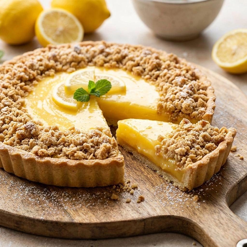 Tarta cytrynowa z kruszonką owsianą - kruchy spód, kwaśne nadzienie i wierzch, który chrupie pod widelcem