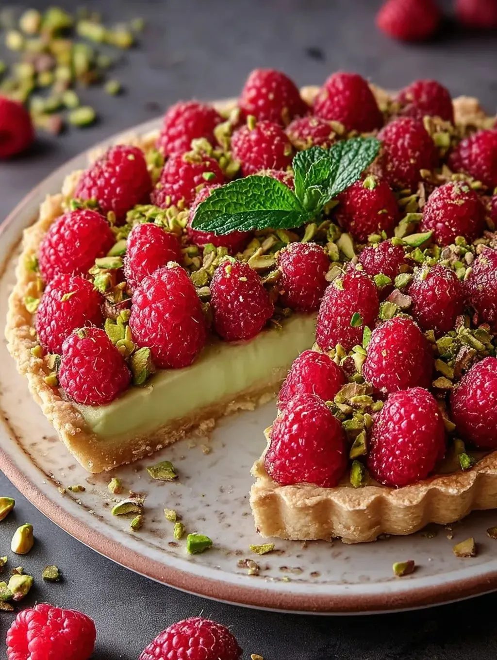 Tarta pistacjowa z malinami - kruchy spód, krem z mascarpone i talerz, który pustoszeje w kwadrans