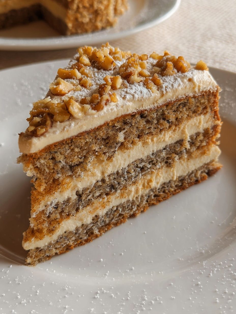 Tort orzechowy z kremem kawowym - trzy blaty na mielonych orzechach włoskich i krem, który pachnie porannym espresso