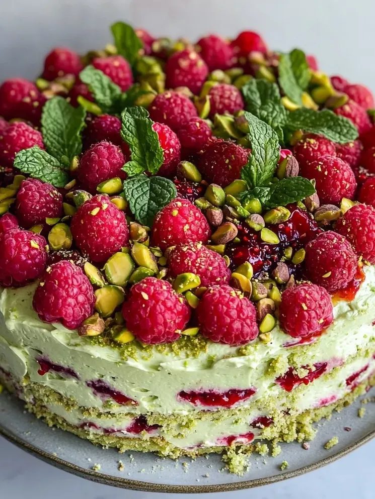 Tort pistacjowy z malinami i mascarpone - trzy biszkoptowe blaty, mus malinowy i krem, po którym w kuchni robi się cicho