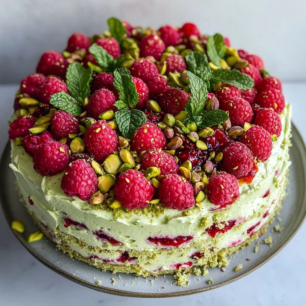 Tort pistacjowy z malinami i mascarpone - trzy biszkoptowe blaty, mus malinowy i krem, po którym w kuchni robi się cicho