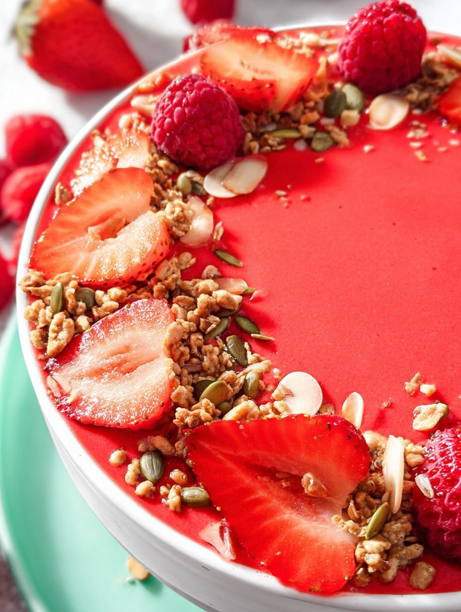 Truskawkowa miska smoothie z gruszkami - granola na spodzie, żeby nie rozmiękła, i gotowe w pięć minut