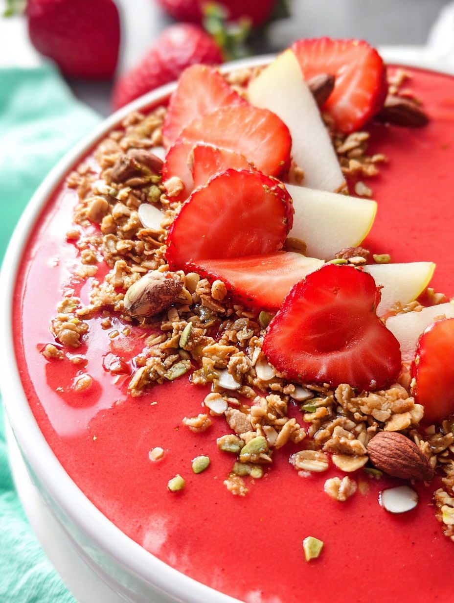 Truskawkowa miska smoothie z gruszkami - granola na spodzie, żeby nie rozmiękła, i gotowe w pięć minut