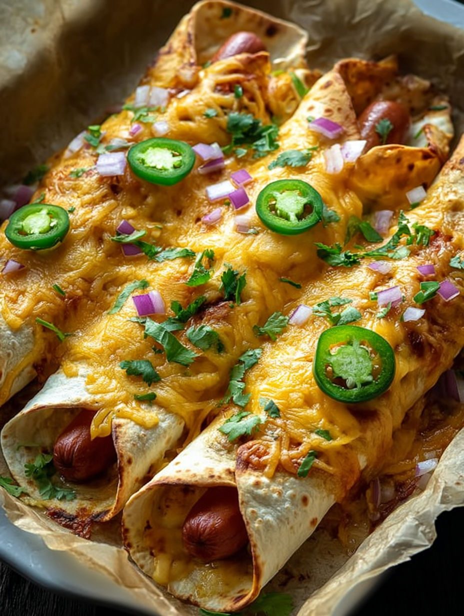 Zapiekane hot dogi w tortilli z serem i jalapeño - 30 minut w piekarniku i blacha pustoszeje szybciej, niż zdążę zdjąć fartuch