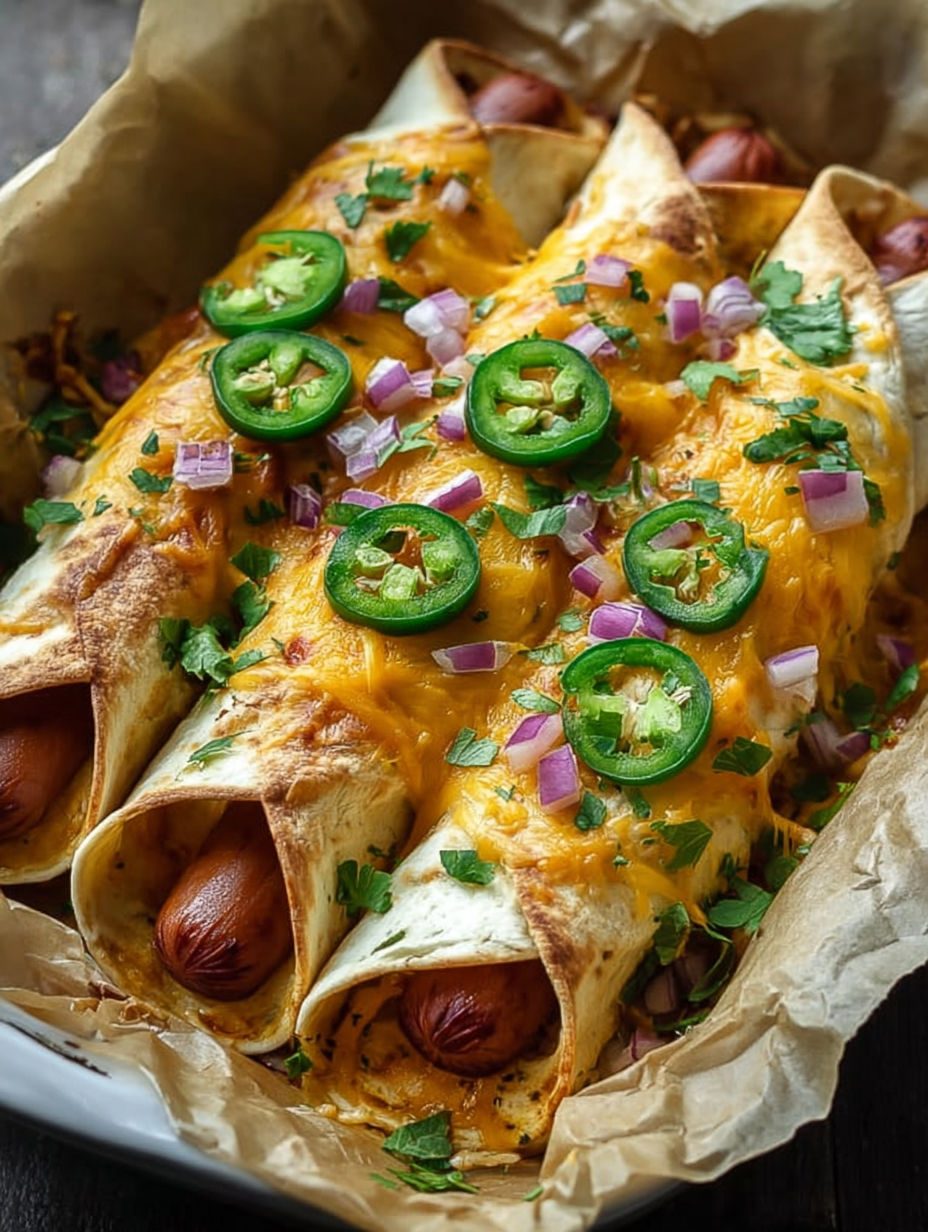 Zapiekane hot dogi w tortilli z serem i jalapeño - 30 minut w piekarniku i blacha pustoszeje szybciej, niż zdążę zdjąć fartuch