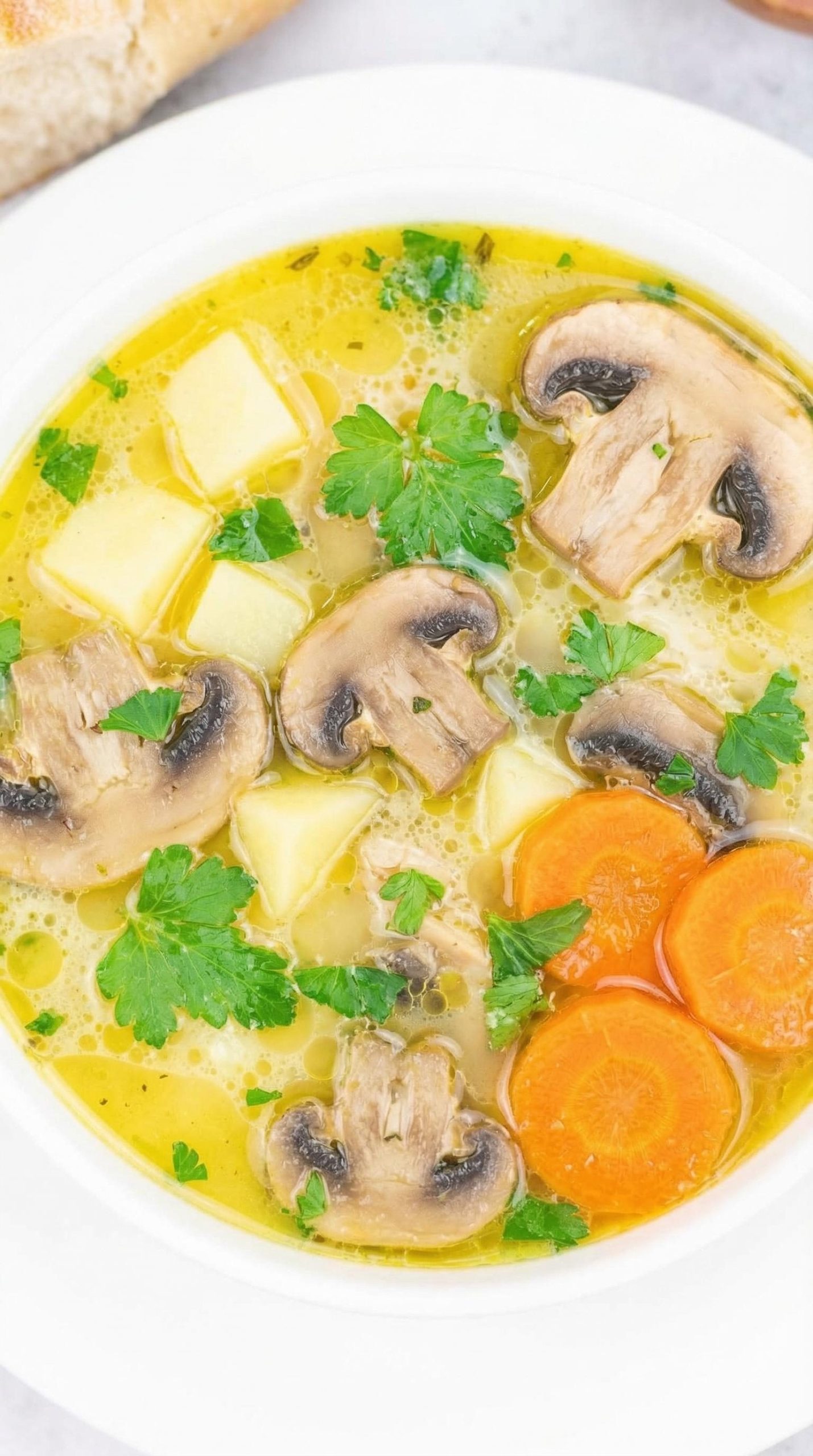 Zupa pieczarkowa z ziemniakami na domowym rosole - pieczarki smażę na maśle, aż się zarumienią, i dopiero wtedy wrzucam do garnka
